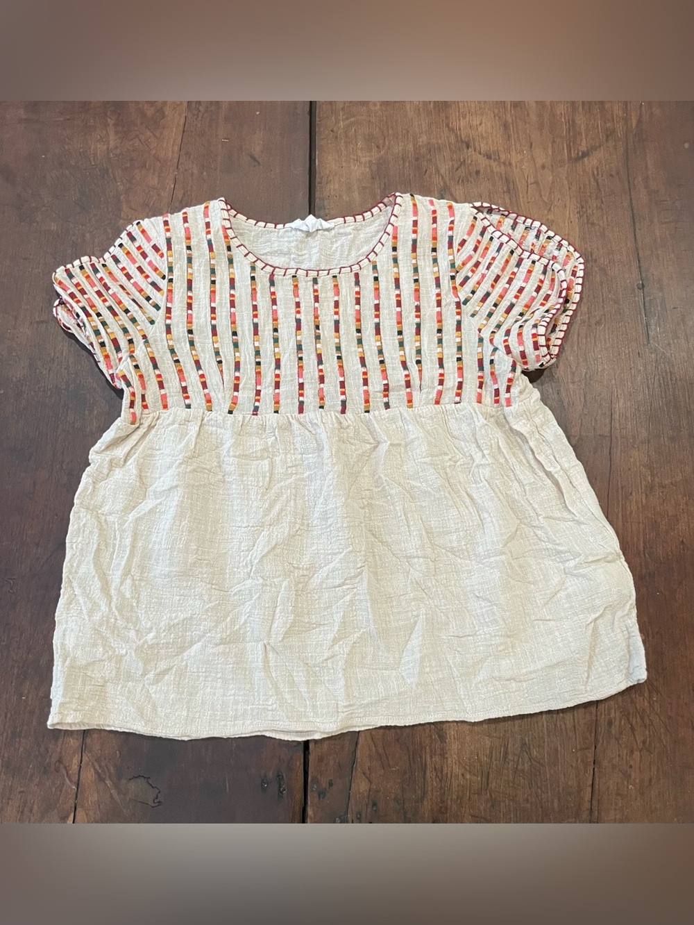 THML White Tunic Top with Multicolor Embroidered Stripes